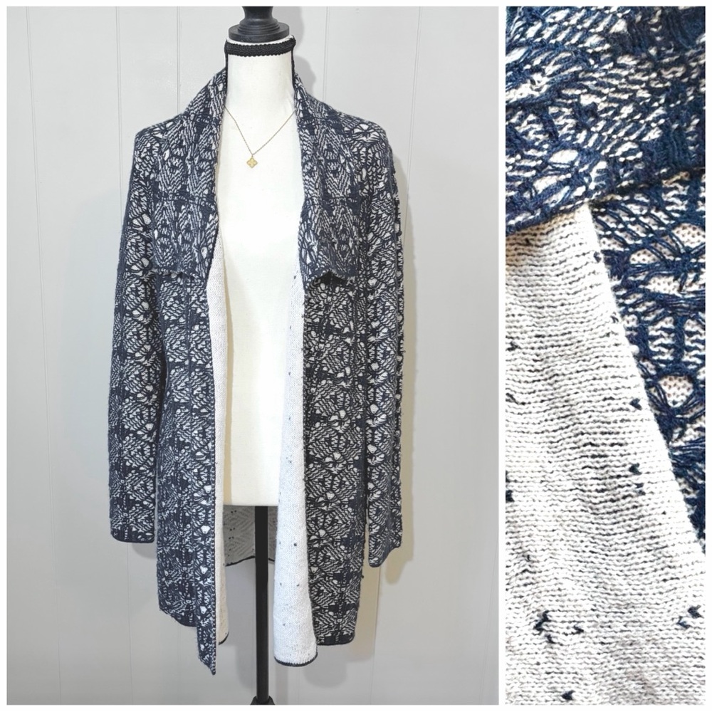 Chicos Open Cardigan Knit Reversible Navy Cream Cozy Soft Long Line Sz 1